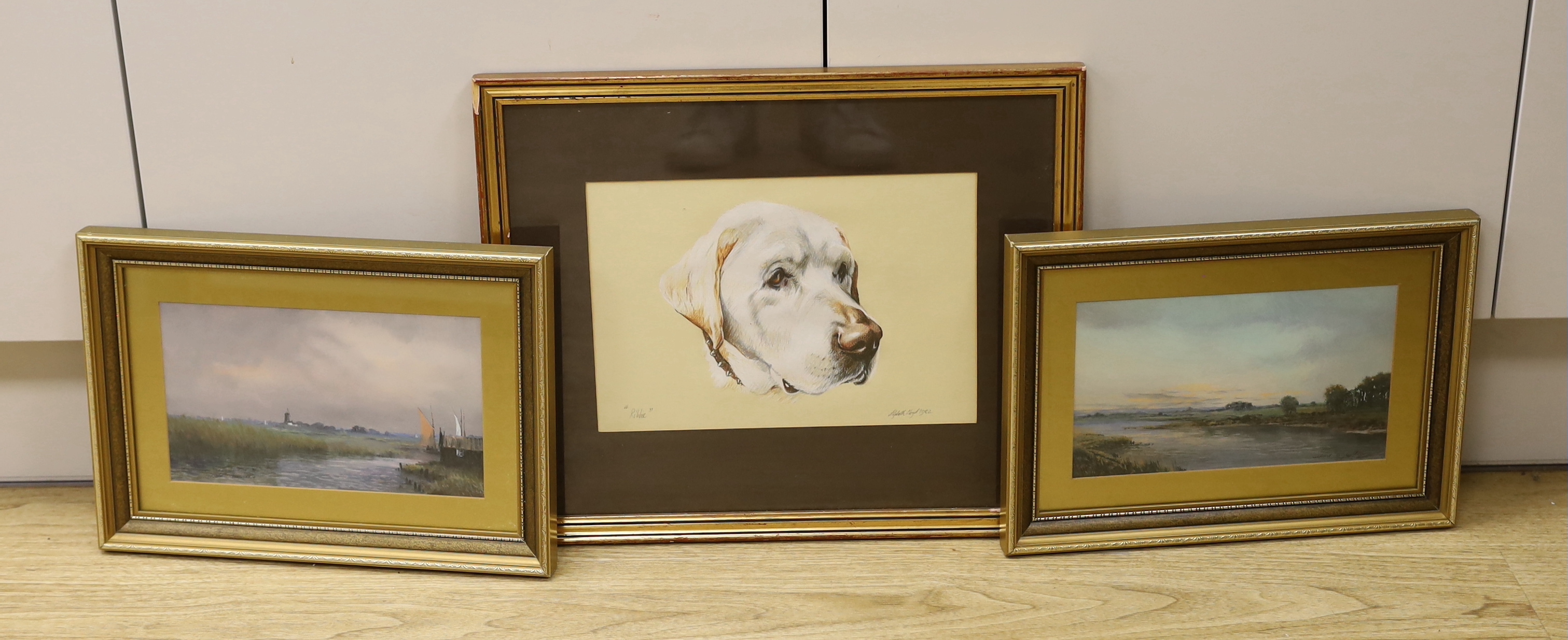 A pair of gouache, River landscapes, each indistinctly signed and inscribed verso, together with a heightened pencil drawing of a labrador 'Ribbie', by Elizabeth Lloyd, signed and dated 1982, largest 28 x 19cm